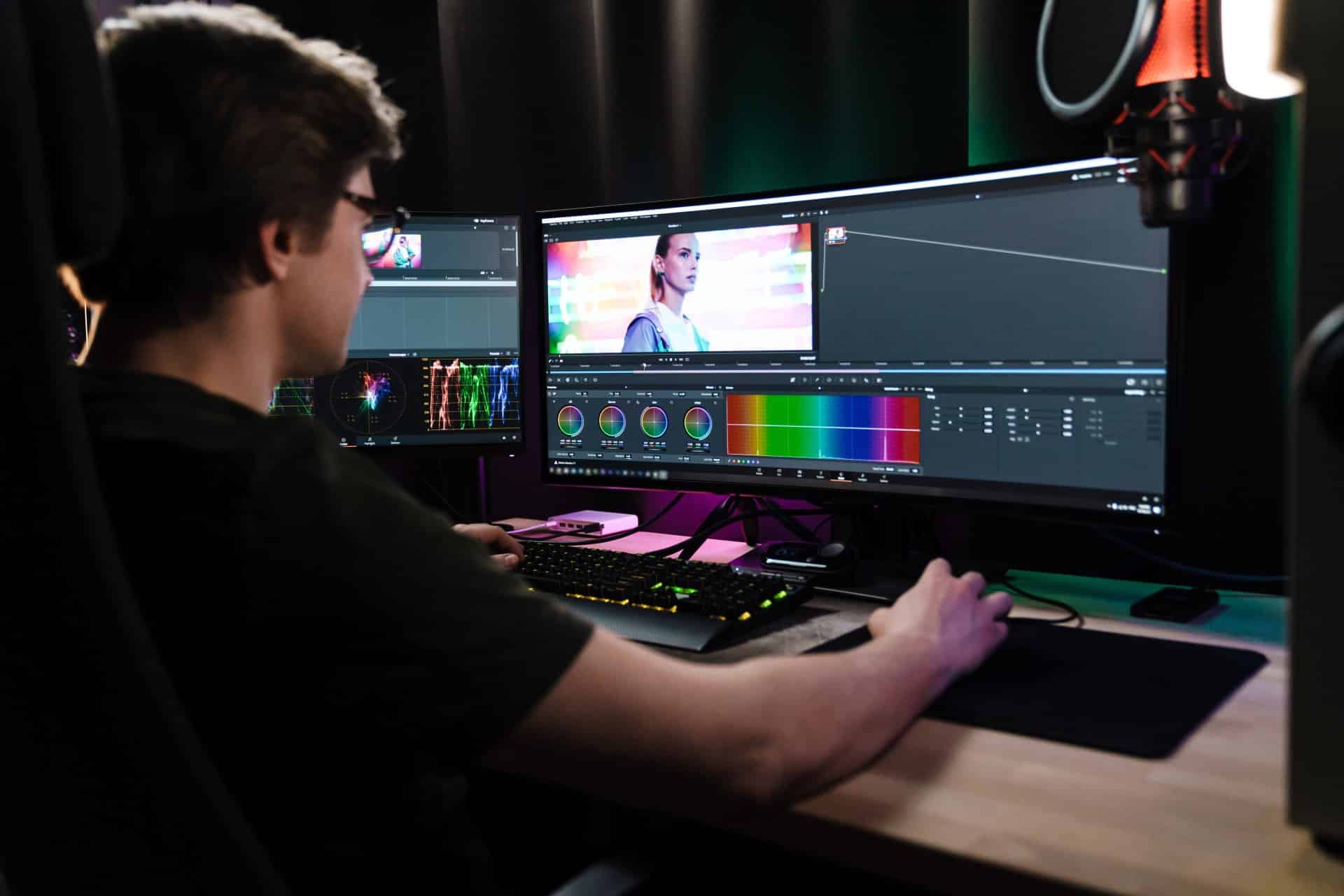 A young man editing a film sequence at a video production school.