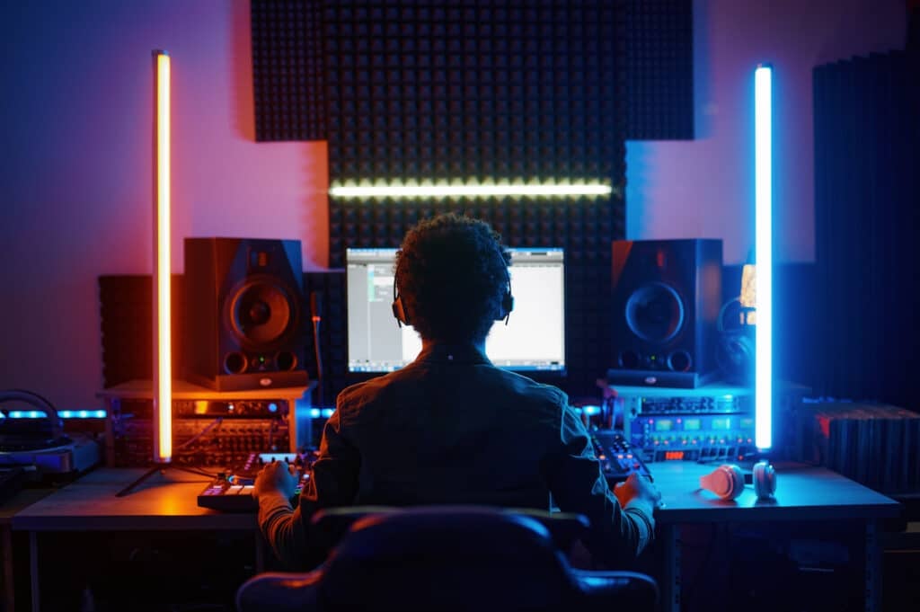 A man learning how to become a music producer while working on a computer with two neon lights on both sides of him.