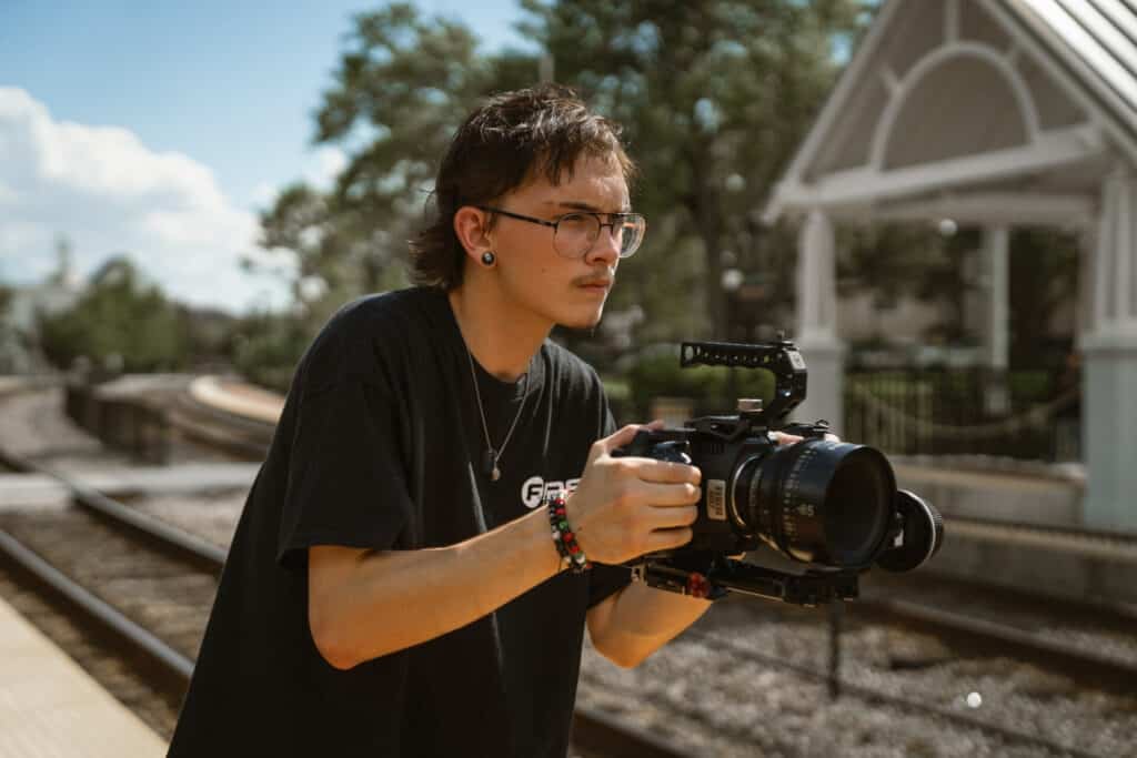 film student holding cinema camera